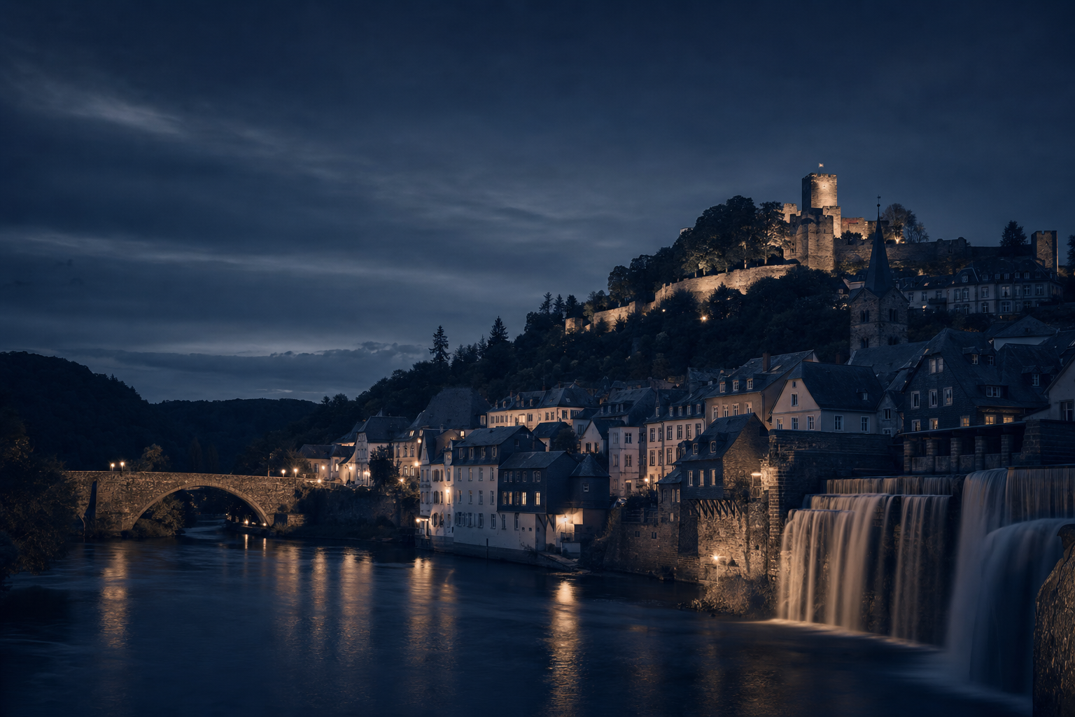 Historische Saarburger Altstadt mit Burg und Wasserfall bei Abenddämmerung in Dunkelblau